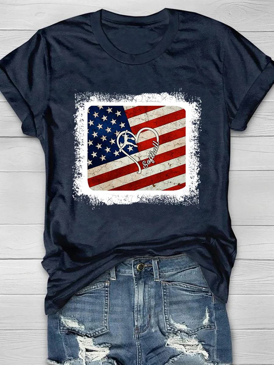 Softball Love Heart Flag Print Short Sleeve T-Shirt
