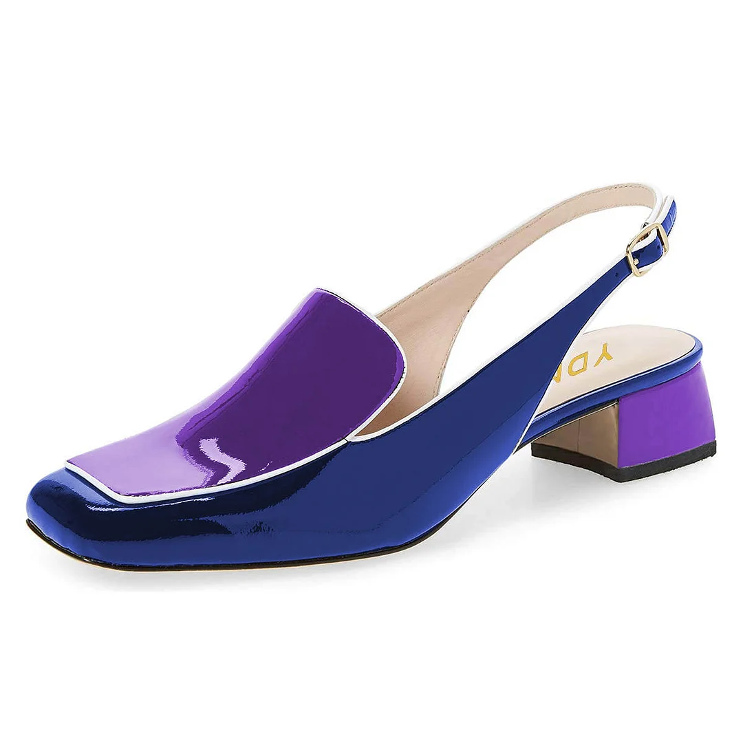 Navy & Purple Patent Leather Square Toe Slingback Loafer Heels