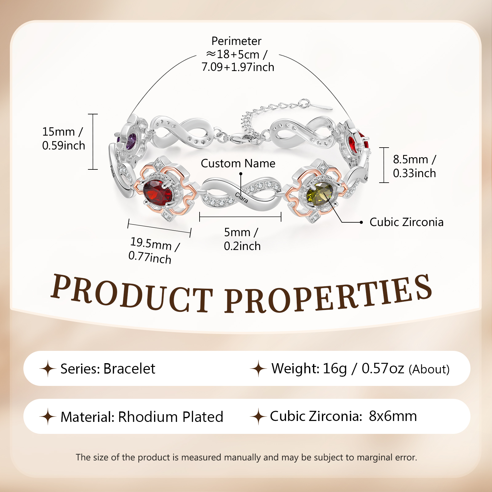 Braccialetto infinito personalizzato con 5 nomi e 4 pietre di nascita per donna