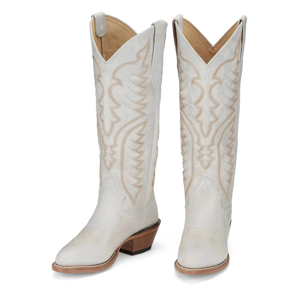 White Round Toe Chunky Heel Knee-High Cowgirl Boots with Embroidery