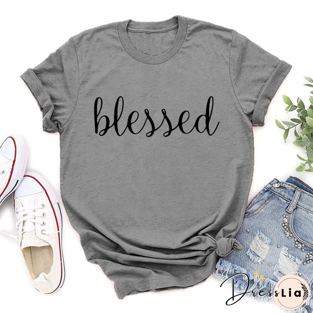 Womens Fashion T-Shirts Blessed Print Casual Loose Round-neck Creative Personalized