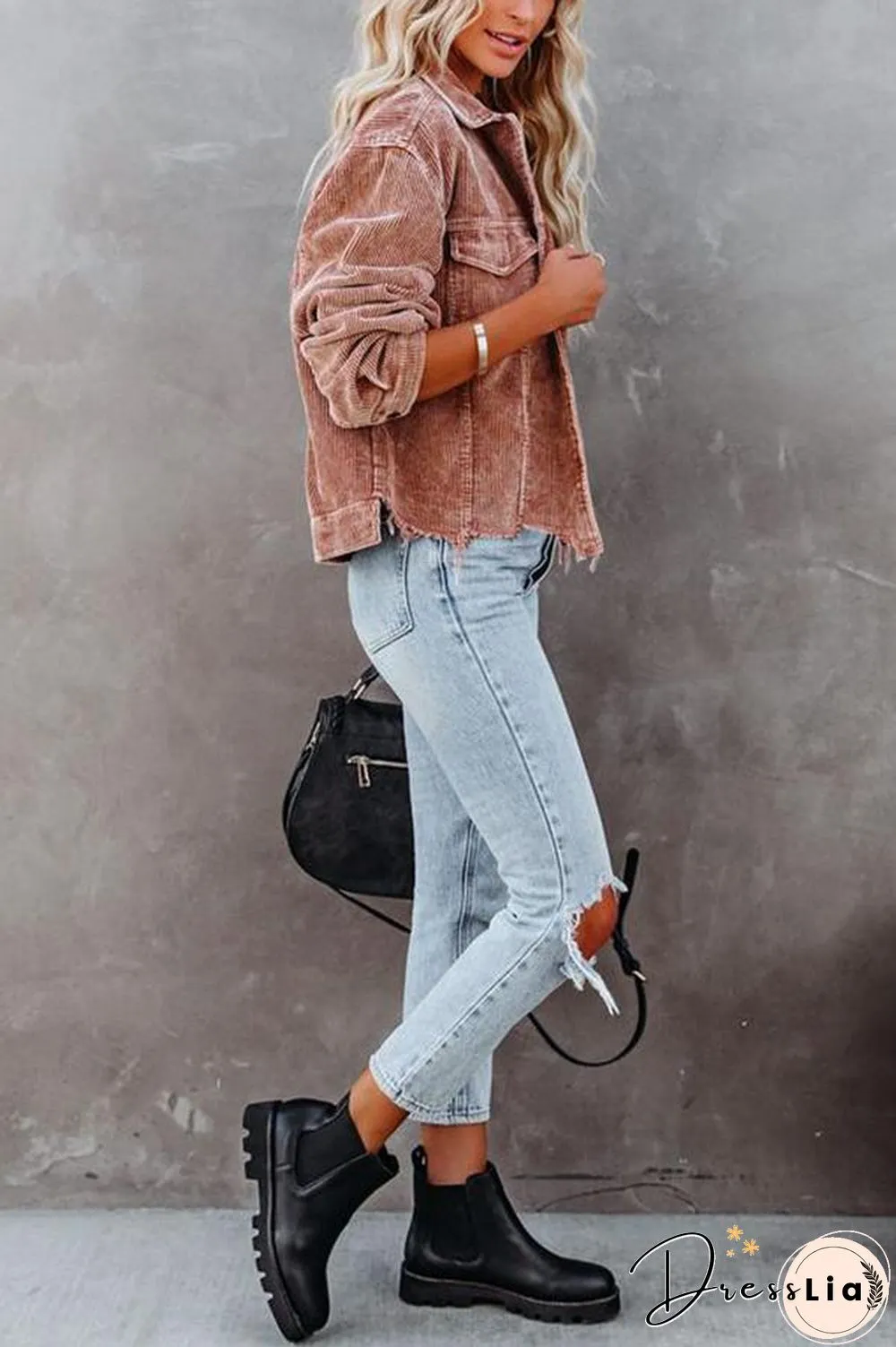 Frayed Hem Cropped Corduroy Jacket