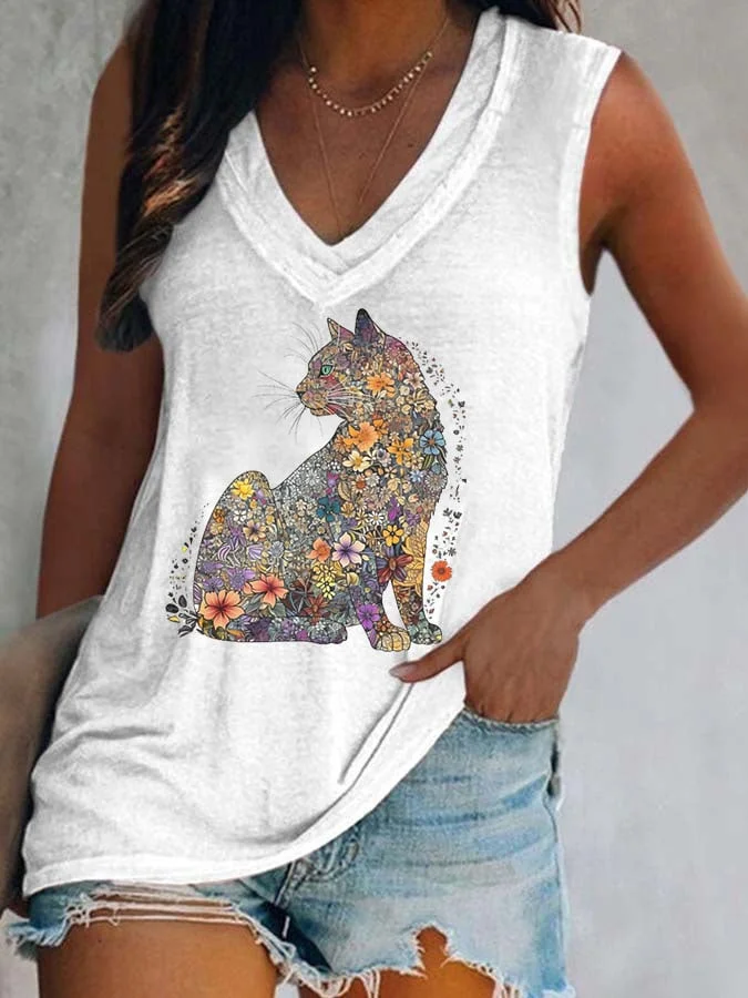 Women's Cute flower kitten Print Vest