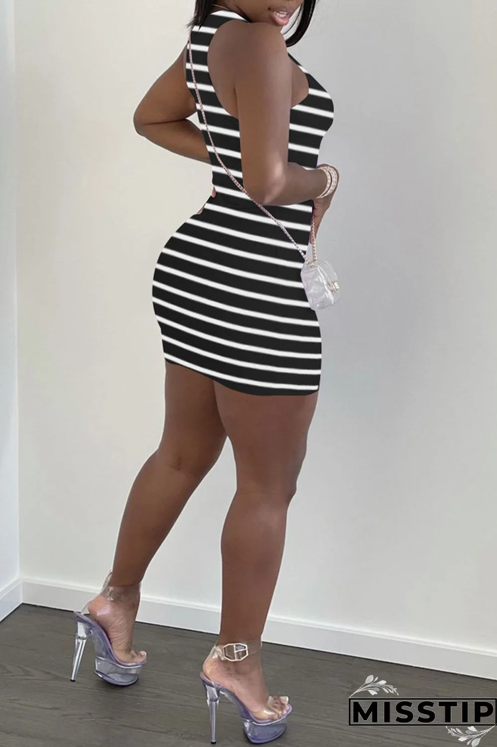 Black Casual Striped Print Patchwork O Neck Vest Dress Dresses