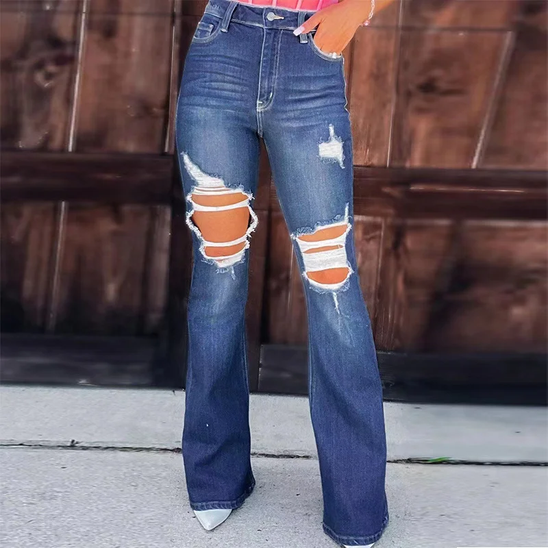 Women's Ripped Wide-leg Denim Jeans Vintage Old School Denim Jeans