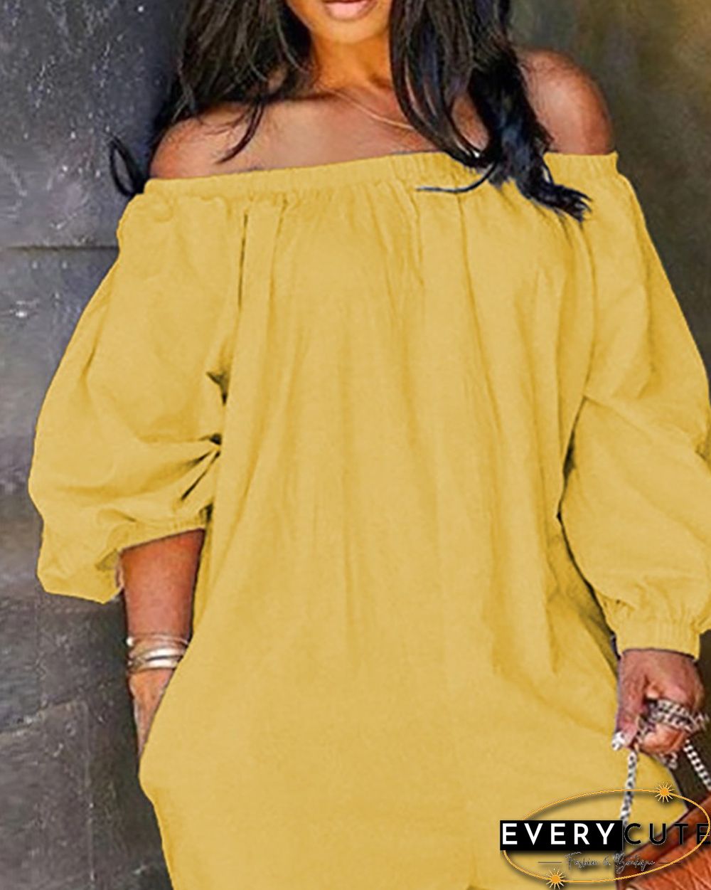 Off Shoulder Solid Lantern Sleeve Jumpsuit