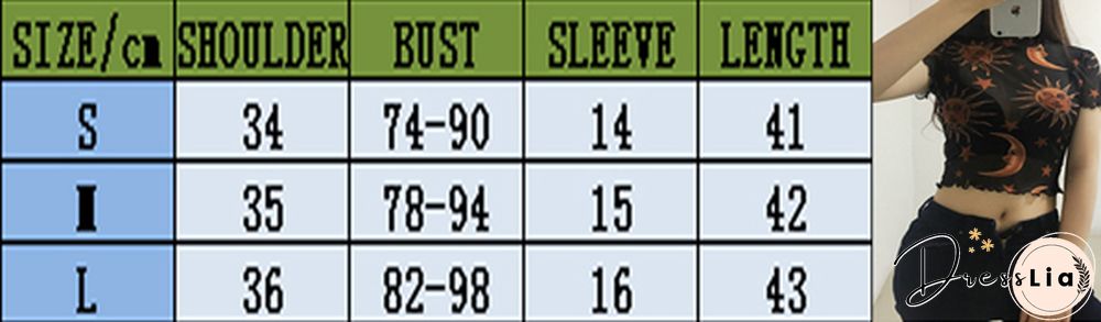 Moon Stars Print Women T-shirt Hot Sale Mesh Sheer See-Through Tee Tops Summer Fashion