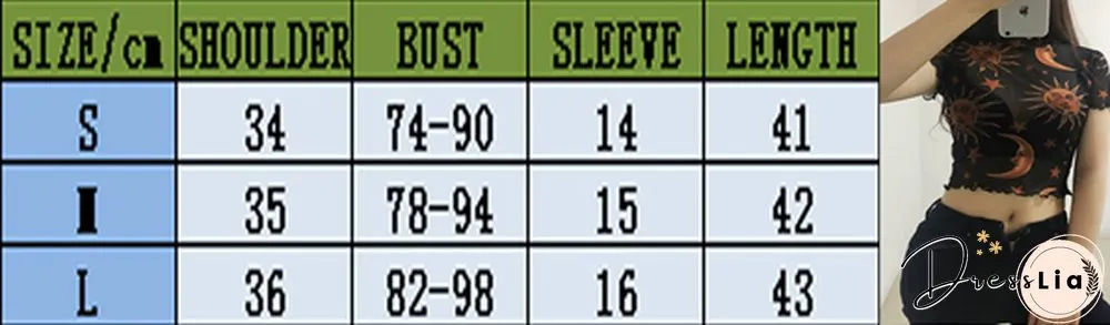 Moon Stars Print Women T-shirt Hot Sale Mesh Sheer See-Through Tee Tops Summer Fashion