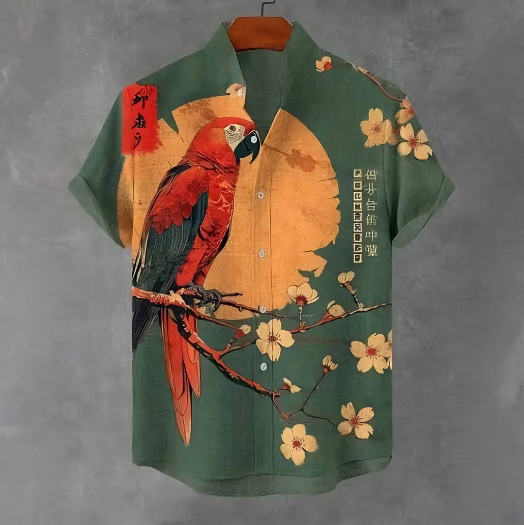 Men's Retro Japanese Parrot And Floral Print Linen Blend Casual Short-sleeve Shirt  artssus