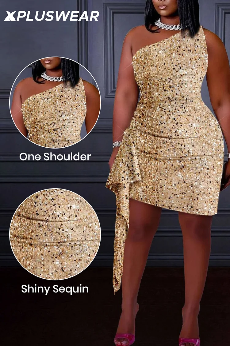 Xpluswear Design Plus Size Party Gold One Shoulder Ruffle Contrast Sequin Mini Dresses [Pre-Order]