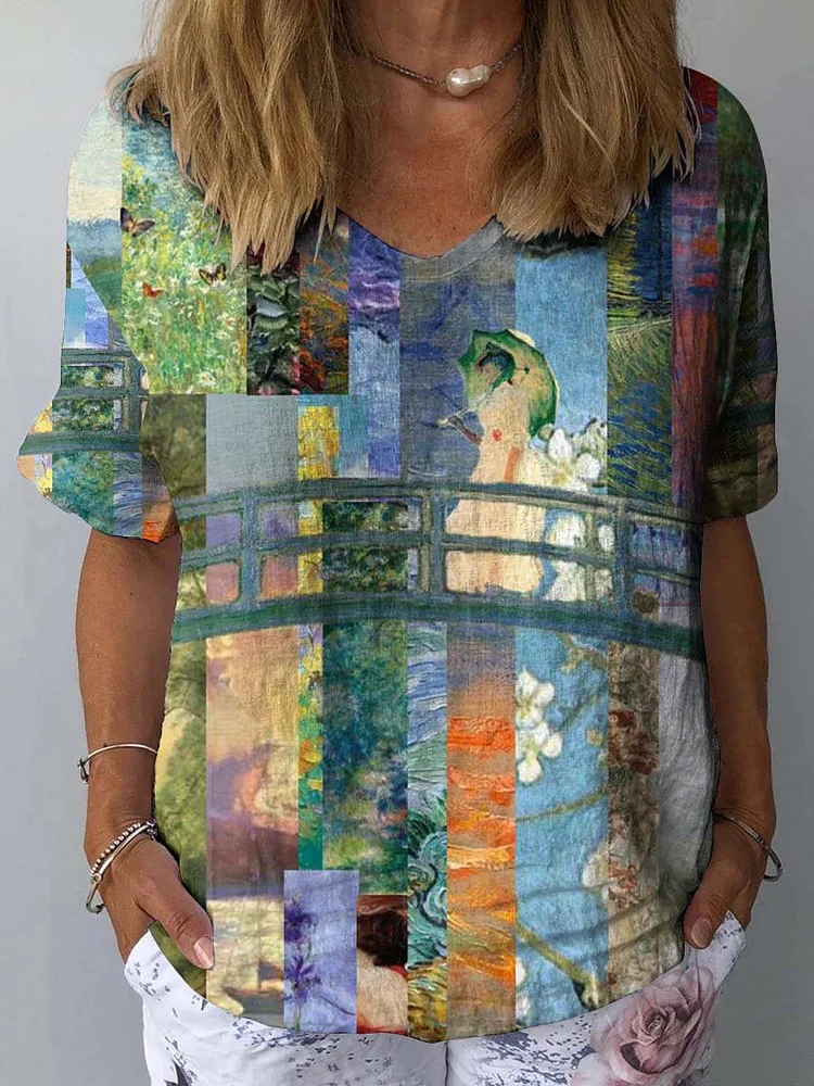Women's Oil Painting Print Casual Cotton And Linen Shirt