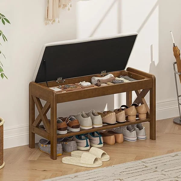 31.5" Shoe Bench with Performance Fabric Cushioned Seat, Entryway Bench with Lift Top Storage, 2-Tier Wooden Shoe Rack for Entryway, Hallway, Living Room, Bedroom, Linen Linen 31.5Inch