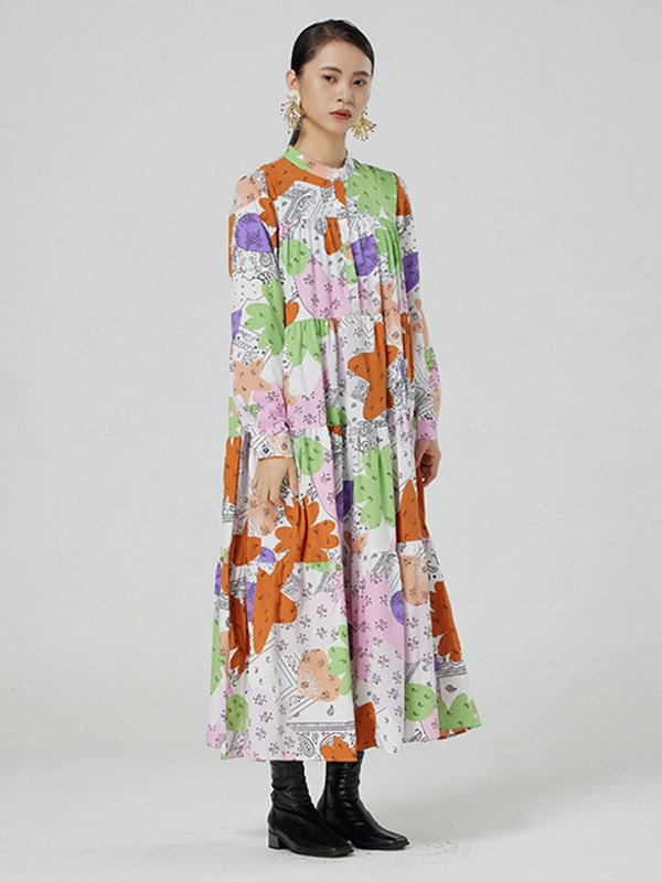 Original Buttoned Printed Stand Collar Long Sleeves Loose Midi Dress