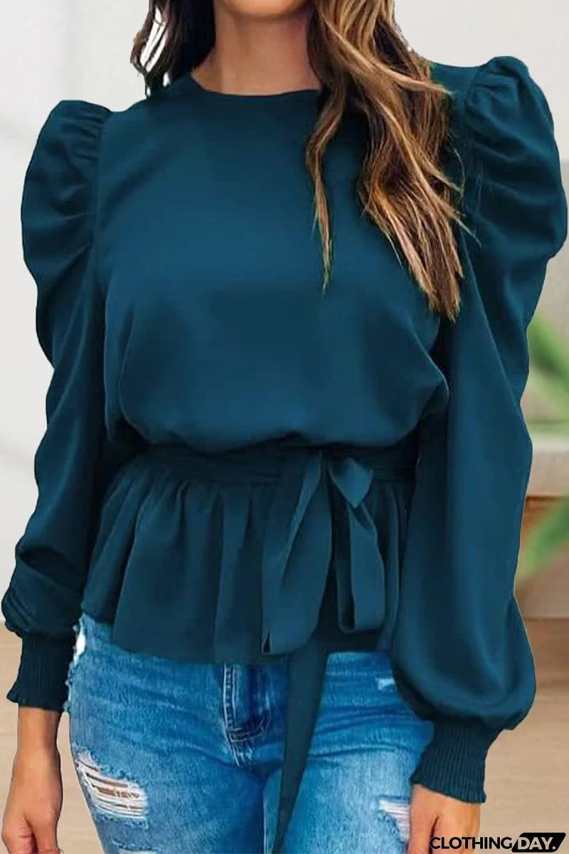 Casual Lace Frenulum Solid Color O Neck Tops(6 Colors)