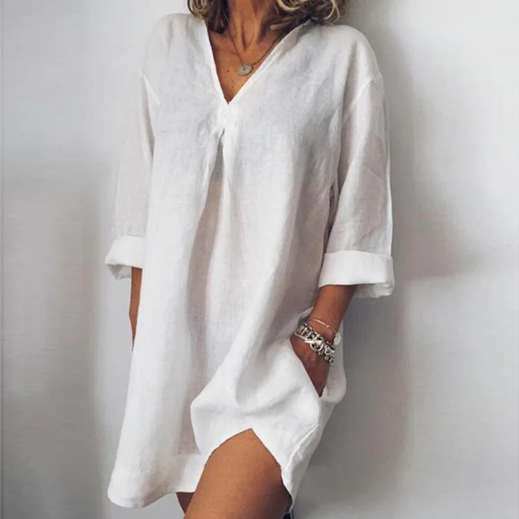 Casual Pocket V Neck 3/4 Sleeve Linen Dress