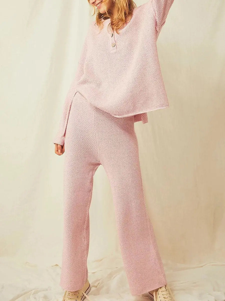 V-neck Sweater Top And Wide-Leg Pants Two-Piece Set