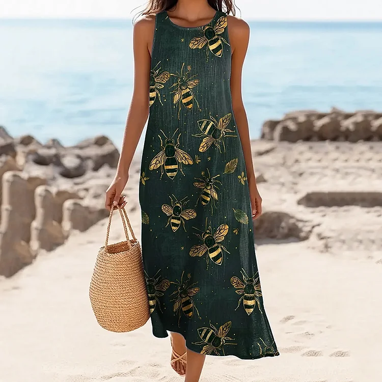 Simpfit Damen-Midikleid aus Nachahmung aus Baumwolle und Leinen mit Vintage-Bienen-Print