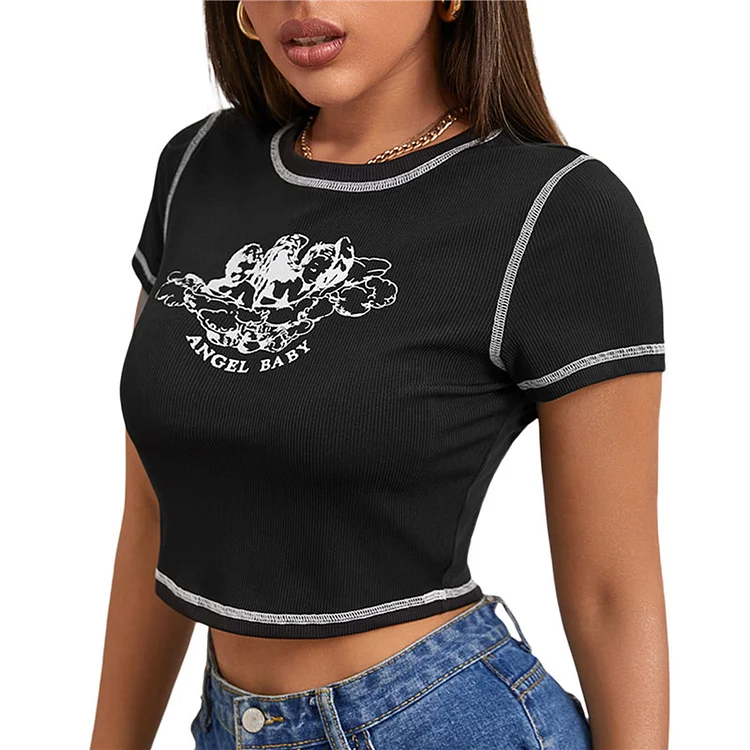 Women's Stylish Angel Letter Printed T-Shirt Short Sleeve Round Neck Contrast Stitch Slim Fit Wild Casual Crop TopsFor Summer