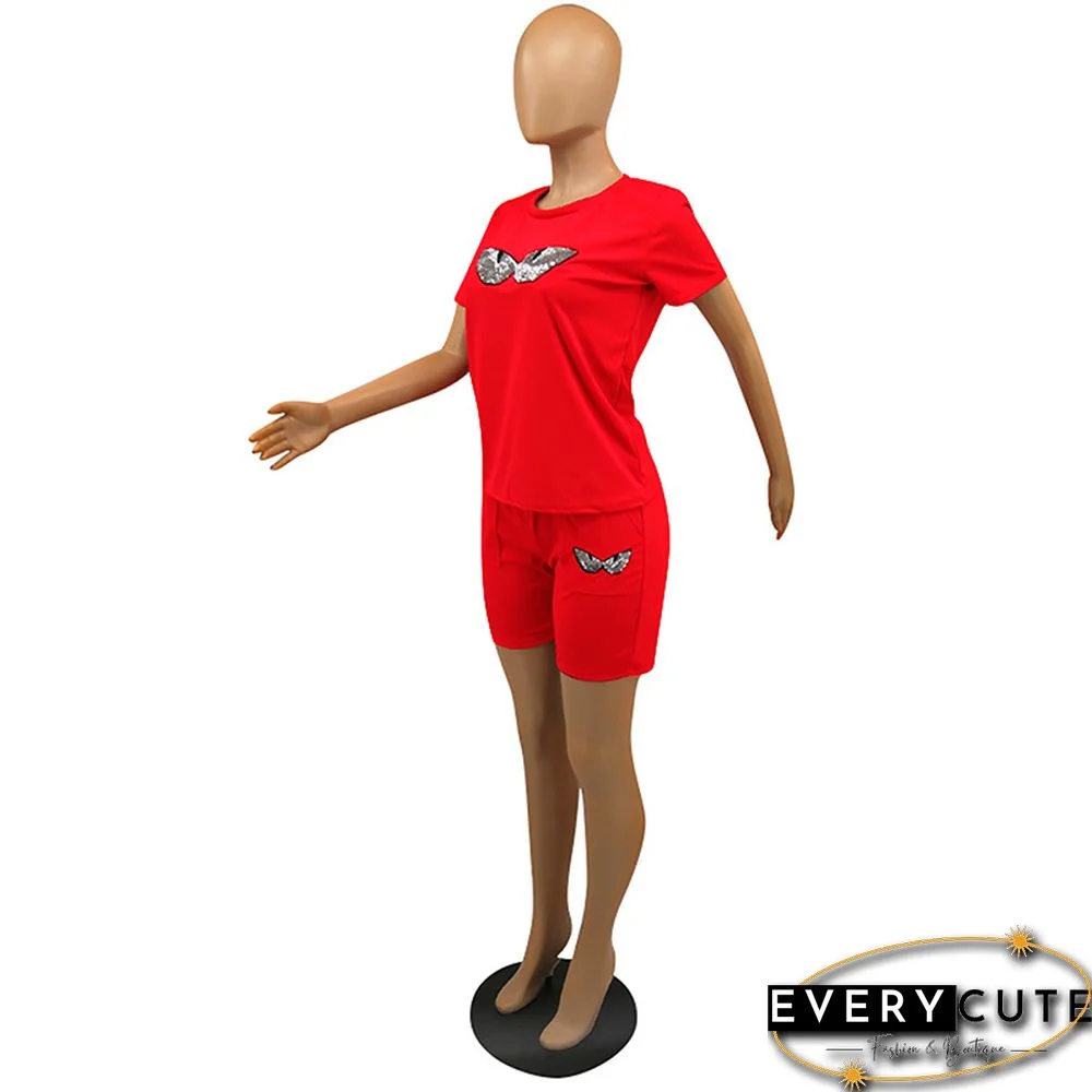 Red Sequined Eyes Printed 2pcs Set