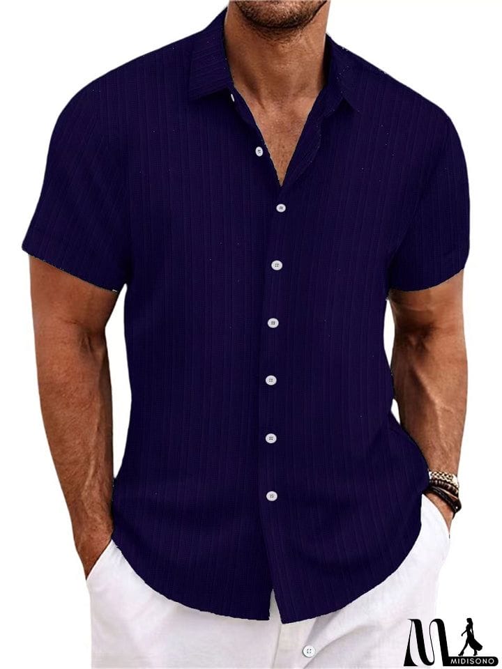 MidiSono - Men's Striped Texture Cotton Linen Short Sleeve Shirt