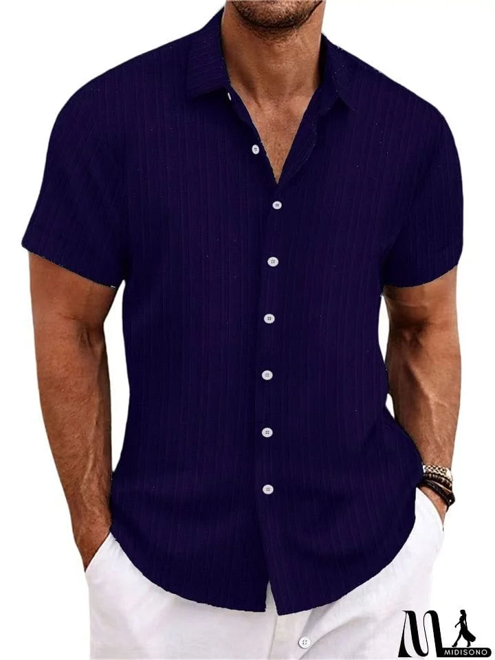 MidiSono - Men's Striped Texture Cotton Linen Short Sleeve Shirt