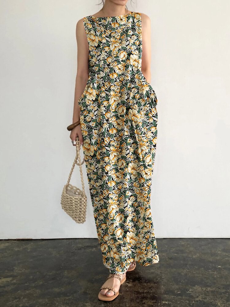 Pocket Floral Print Round Neck Sleeveless Maxi Dress - Shop Trendy Women's Fashion | TeeYours