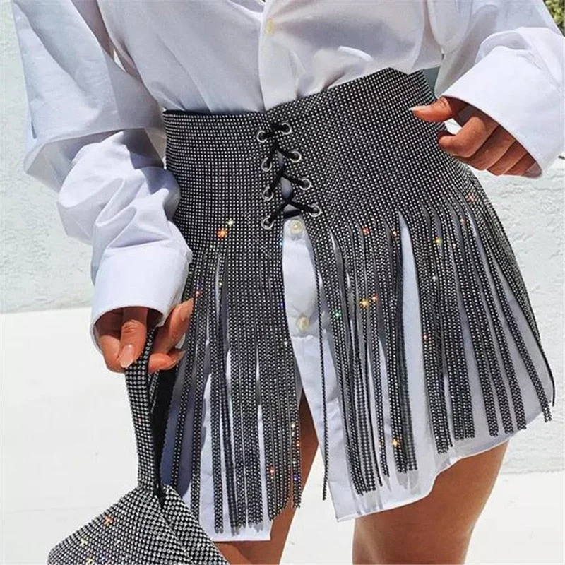 Women Sequin Tassel Metal Mini Skirt Wrap Festival Party Club Beach Bikini Skirt Fringe High Waist Skirts Womens A Line Skirts