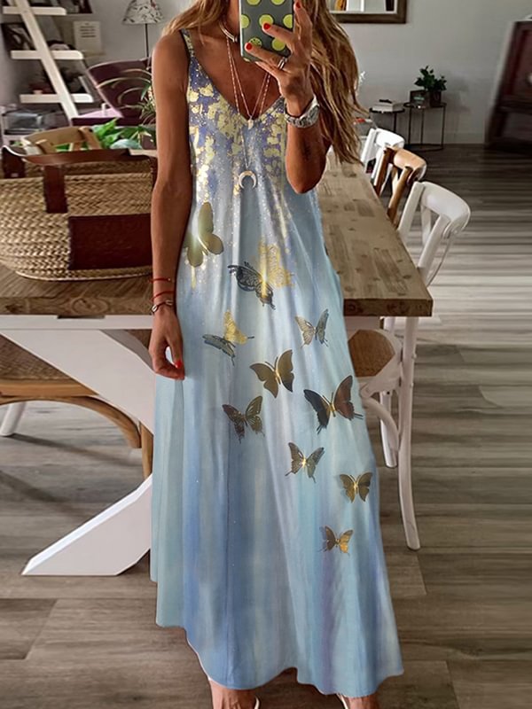 Fashion strap butterfly print dress