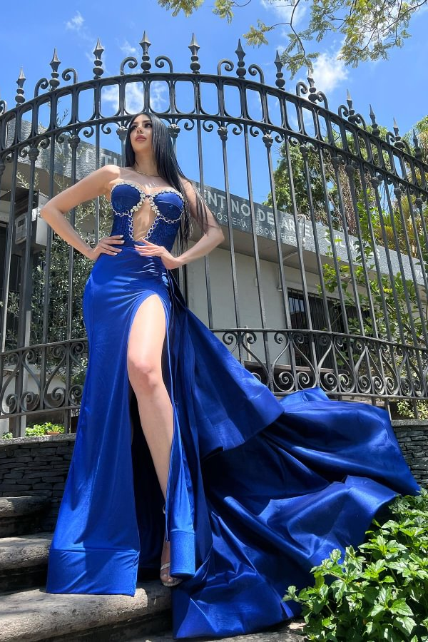 Daisda Royal Blue Strapless Sleeveless Split Evening Dress