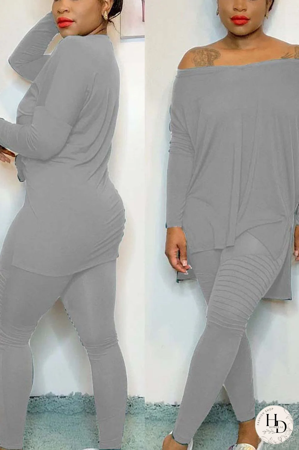 Grey Polyester Casual Solid pencil Long Sleeve Two Pieces
