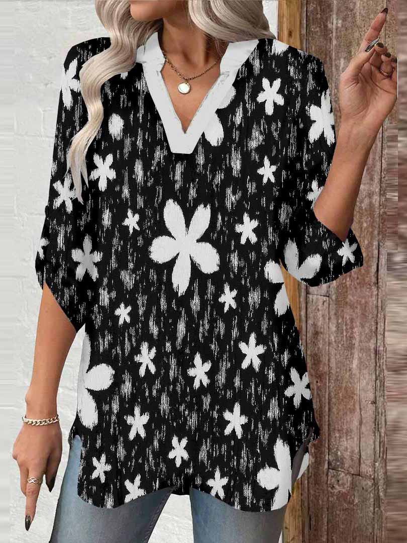 Women Floral, Black, White DZGA0156 3/4 Sleeve V-neck Printed Graphic Button Tops