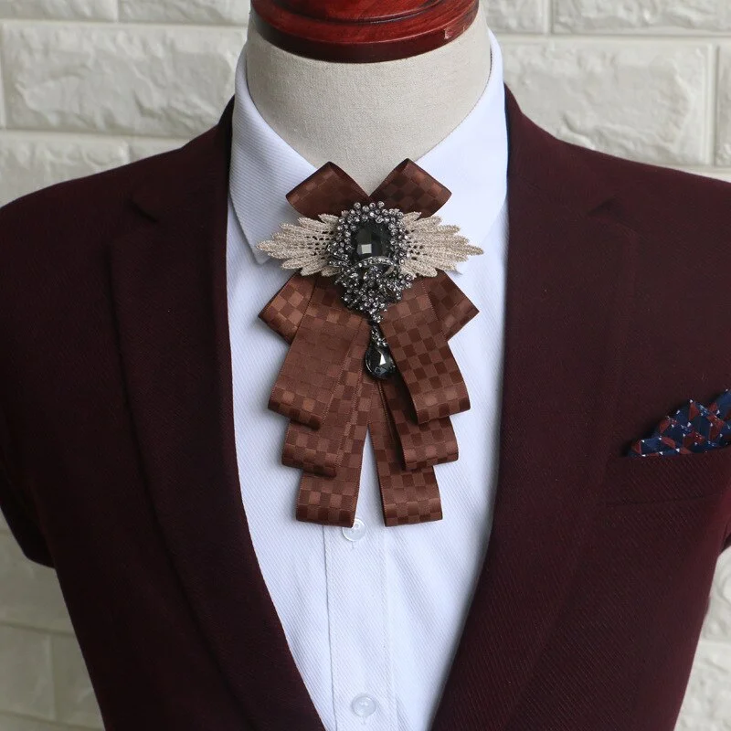 New Bow Tie Vintage Rhinestone Handmade Ribbon Brooch Bowtie Elegant Jewelry Collar Pin Cravat Wedding Accessories Pocket Square
