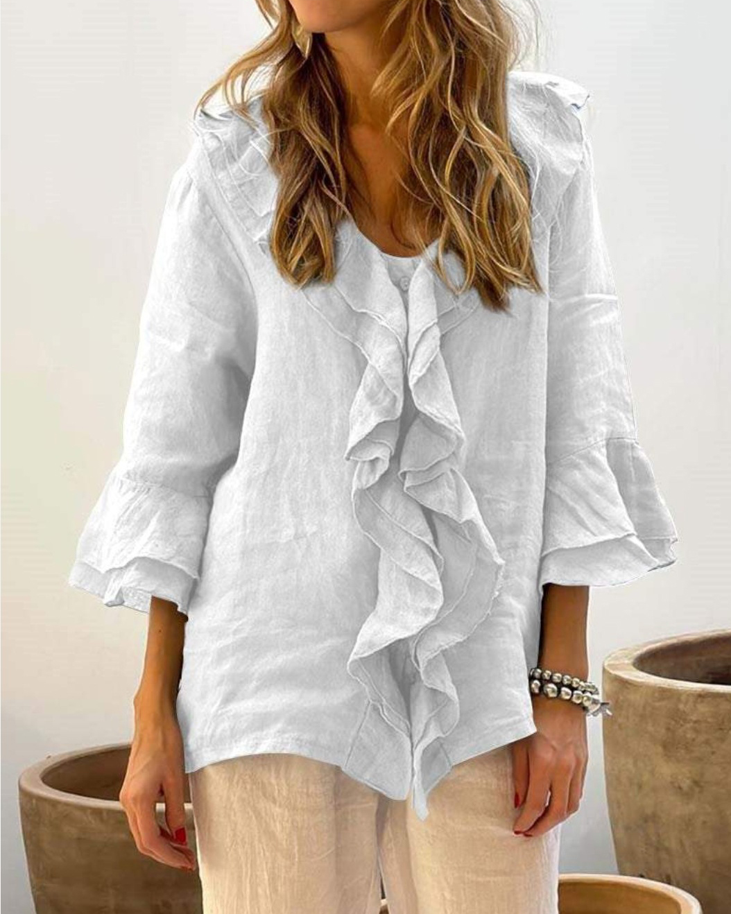 Ruffled Detail V Neck Three Quarter Sleeve Solid Color Blouse