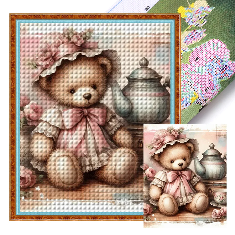 Pink Bow Bear (40*50cm) 11CT Stamped Cross Stitch gbfke