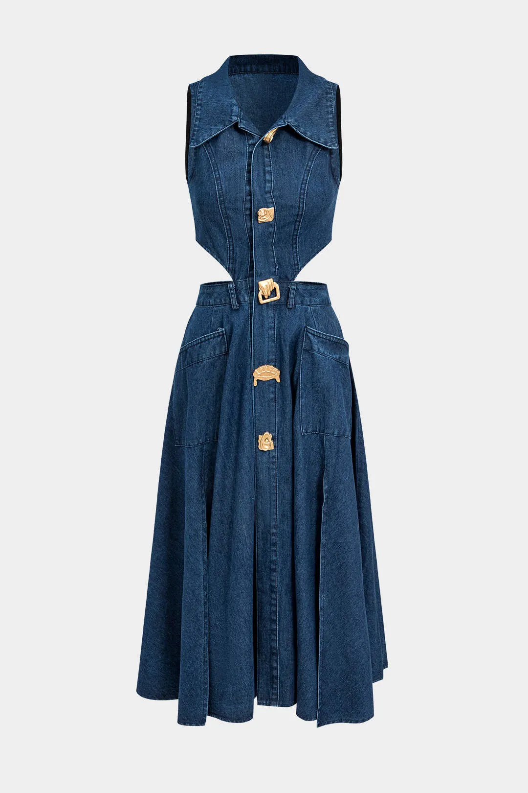 Sleeveless Denim Midi Dress with Cut-Outs & Gold Hardware