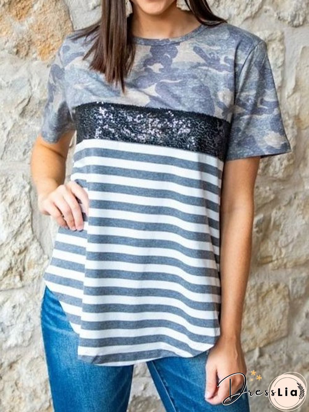 Crew Neck Stripes Short Sleeve Casual T-shirt