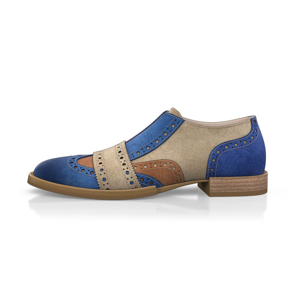 Blue & Khaki Vegan Suede Round Toe Block Heel Loafer Shoes Nicepairs