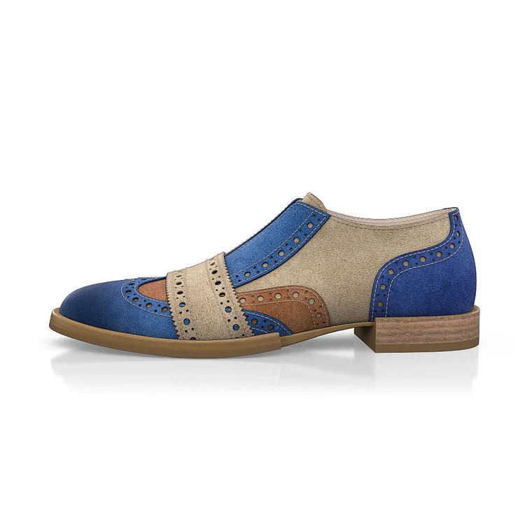 Blue & Khaki Vegan Suede Women's Loafers Brogue Vintage Shoes |FSJ Shoes