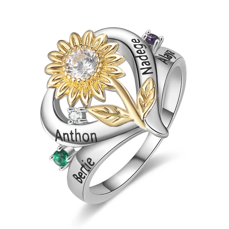 Personalisierter 4 Namen Sonnenblume Ring mit Geburtssteinen