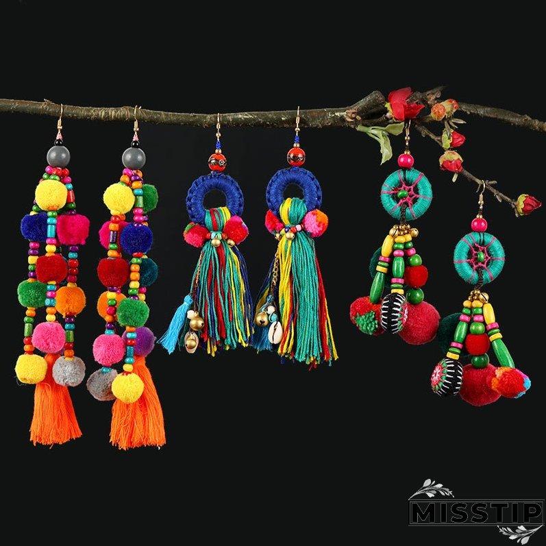 Retro national style contrast color pommel Earrings exaggerated personality Bohemian holiday long tassel temperament Earrings women