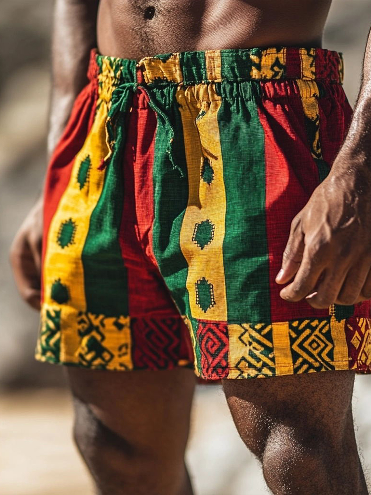Men's African Ethnic Kente Print Contrast Color Linen Shorts