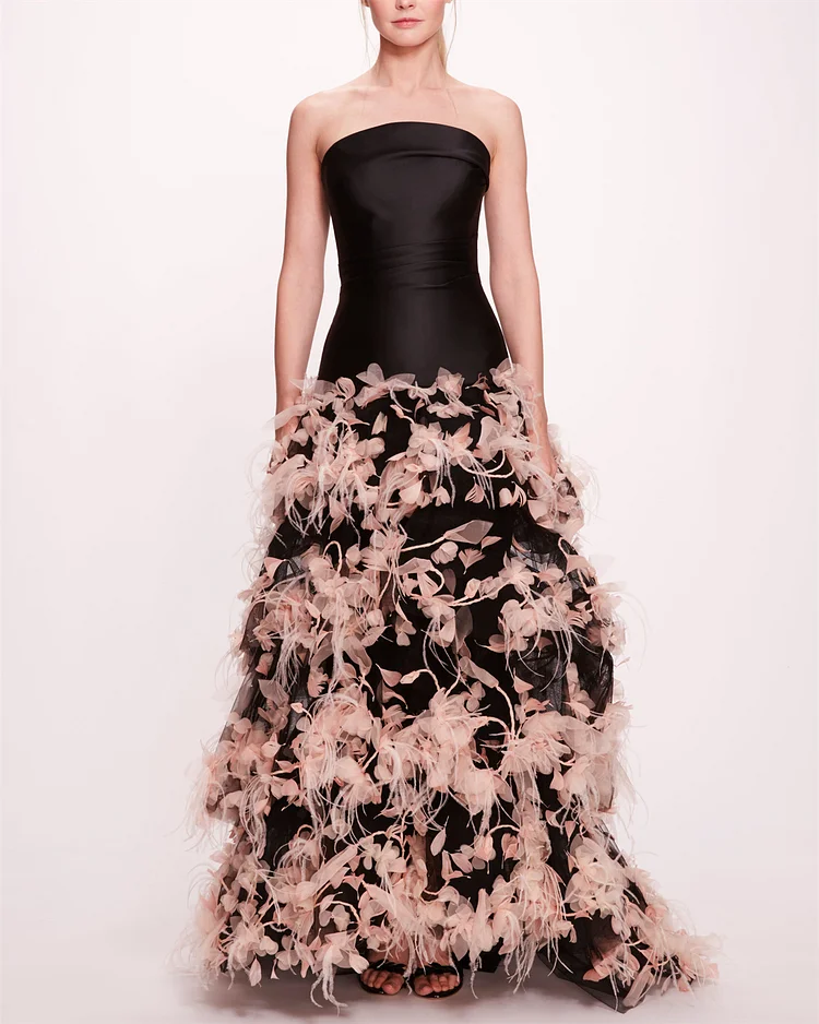 Women's Tube Top Black Feather Embroidery Dress