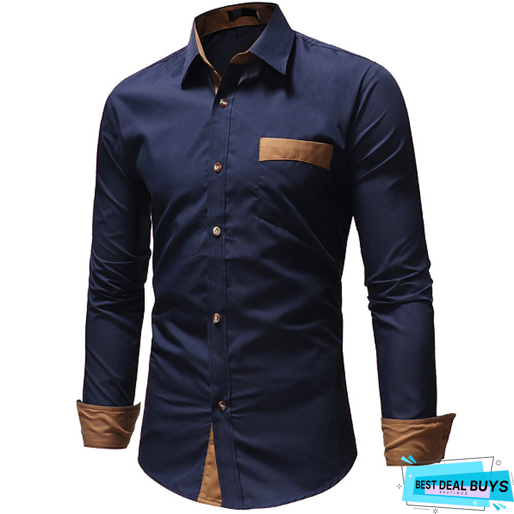 Men's Color Block Slim Long-Sleeves Business Shirts