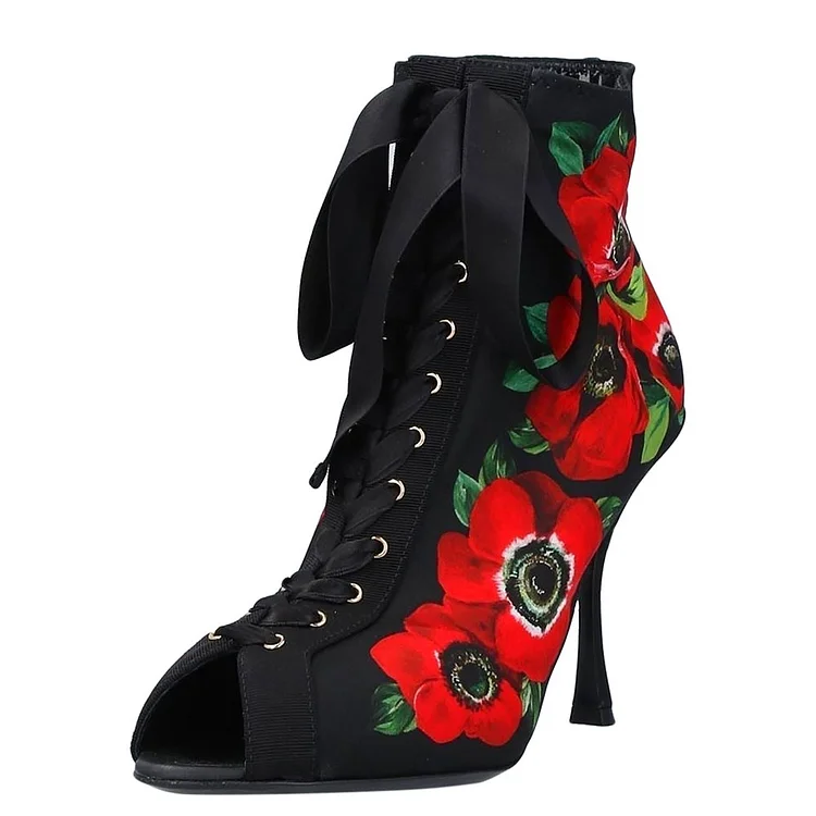 Black Peep Toe Lace Up Spool Heel Ankle Boots with Floral Design |FSJ Shoes
