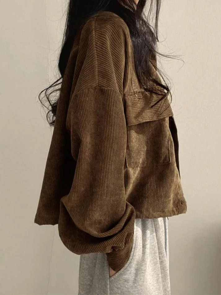 Brownm Vintage Corduroy Lapel Neck Button Long Sleeve Blouse