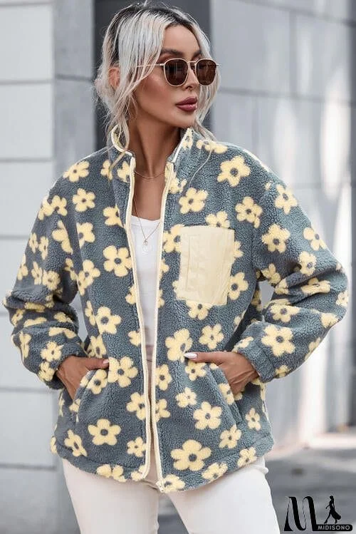 MidiSono - Pocketed Floral Mock Neck Jacket