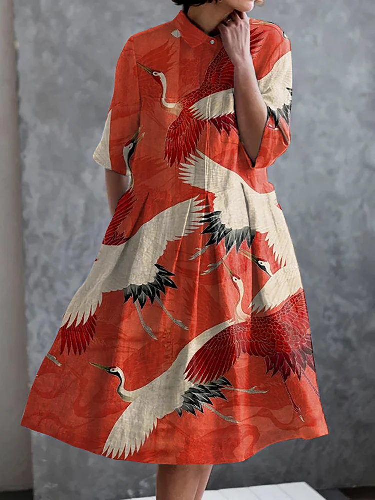Vintage Japanese Crane Print Casual Elegant Pocket Half Sleeve Dress