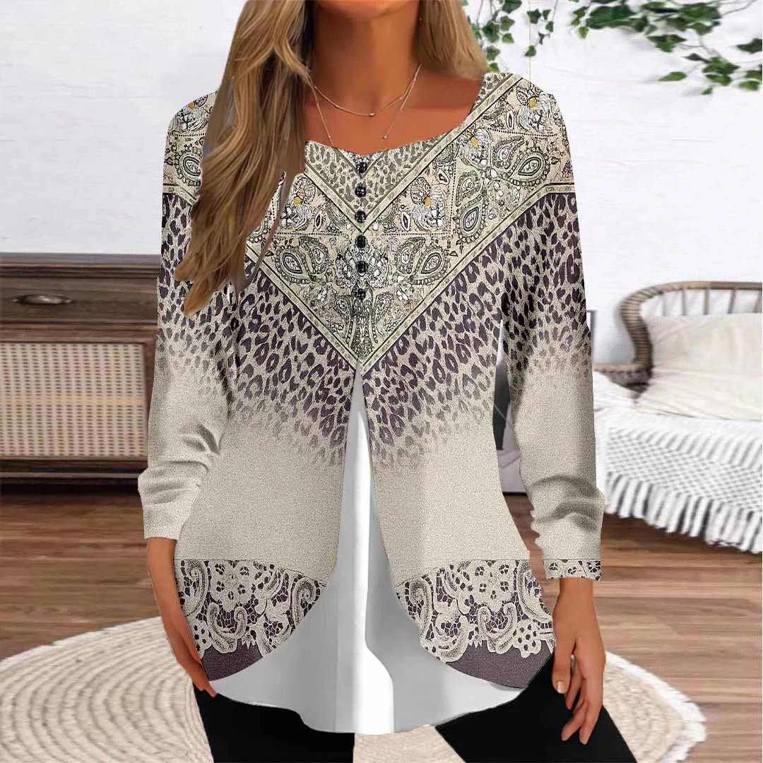 Women Graphic,Khaki DZGG8328 Long Sleeve Scoop Neck Printed Graphic Button Fake 2in1 Tops