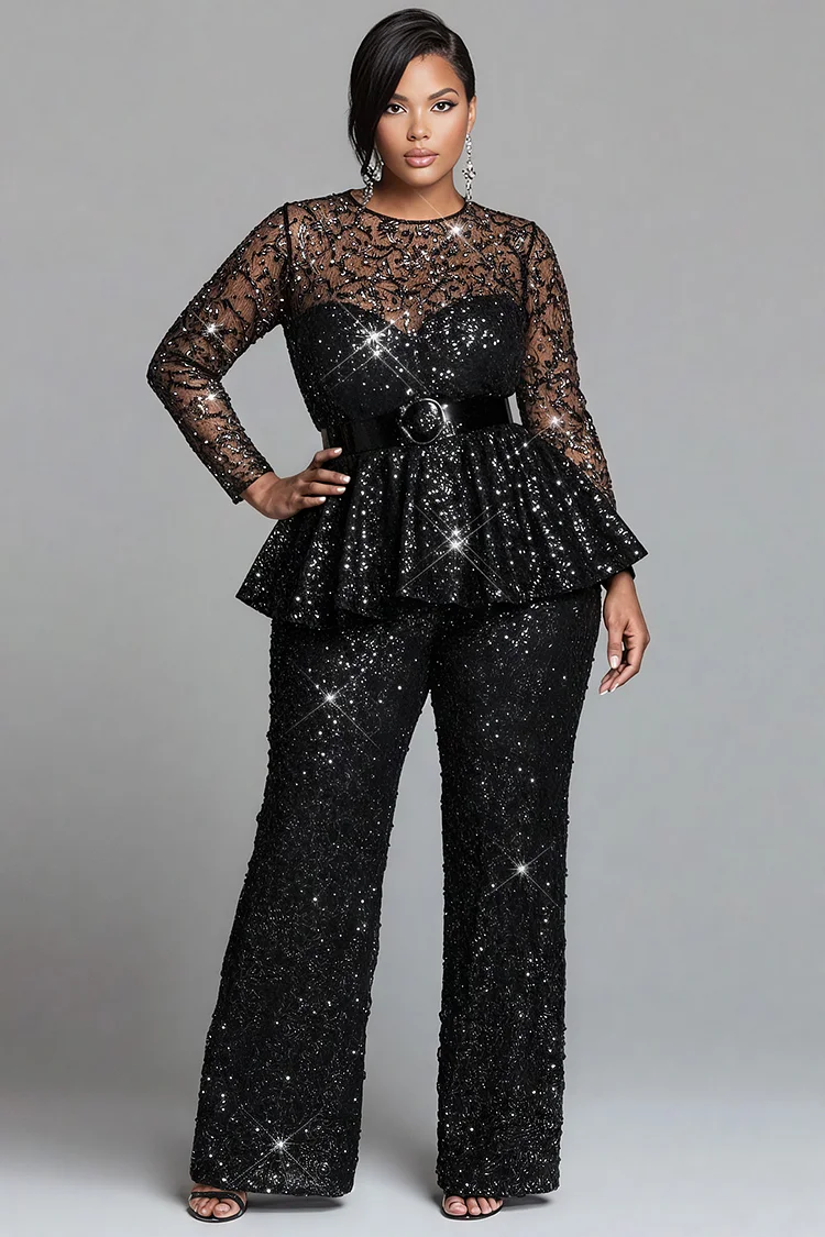 Xpluswear Design Plus Size Cocktail Party Black Round Neck Long Sleeve See Through Elegant Pocket Sequin Jumpsuits [Pre-Order]