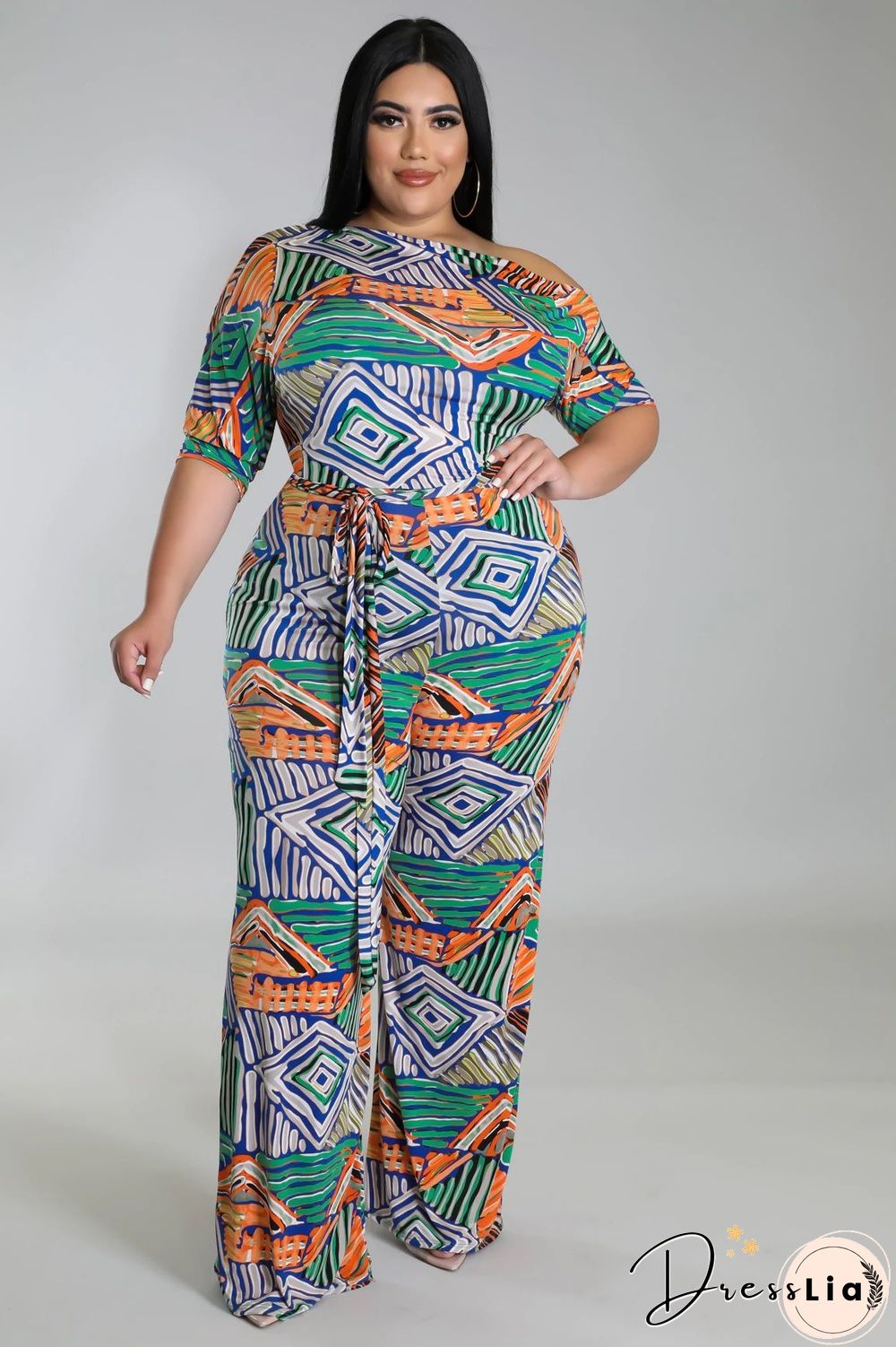 Off-the-shoulder Printed Plus Size Wide Leg Jumpsuit